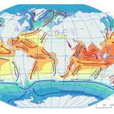 Mapa przedstawia prądy morskie na **oceanach świata**. Ciepłe prądy (czerwone) i zimne (niebieskie) tworzą złożone wzory cyrkulacji.
