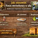 Instrukcja stosowania kwasu mrówkowego w ulu: temperatura 10-25°C, używaj parowników i mat, noś rękawice i maskę. Obserwuj pszczoły!