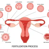 Schemat procesu zapłodnienia: od owulacji, przez zapłodnienie, zygote, kolejne podziały komórkowe (morula, blastocysta) aż do implantacji w macicy.