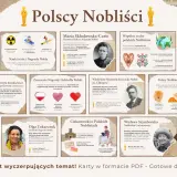 Polscy nobliści: Maria Skłodowska-Curie, Henryk Sienkiewicz, Olga Tokarczuk, Władysław Reymont, Wisława Szymborska.