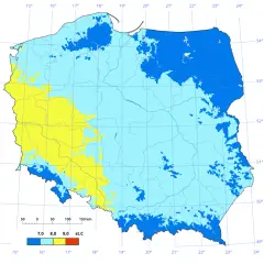 Mapa przedstawia strefy klimatyczne Polski. Żółte obszary oznaczają średnią roczną temperaturę 9°C, jasnoniebieskie 8°C, a ciemnoniebieskie 7°C.
