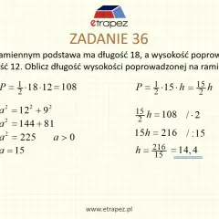 Trójkąt równoramienny z podstawą 18 i wysokością 12. Obliczanie pola trójkąta i wysokości na ramię.