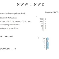 Obliczanie NWD liczb 300 i 750. Rozkład na czynniki pierwsze i mnożenie wspólnych dzielników.
