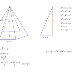 Wzór na objętość ostrosłupa sześciokątnego. Obliczanie wysokości ostrosłupa (H=2√5) i pola podstawy (Pp=24√3).