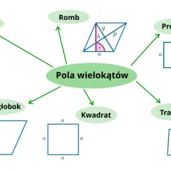 Diagram przedstawiający pola wielokątów: trójkąt, romb, prostokąt, trapez, kwadrat, równoległobok.