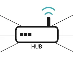 Schemat sieci z topologią gwiazdy: hub centralny połączony z kilkoma laptopami, niektóre z ikoną wiadomości, inne z przekreśloną kopertą.