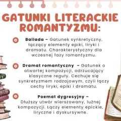 Gatunki literackie epoki romantyzmu: ballada, dramat romantyczny, poemat dygresyjny. Ilustracja z książkami.