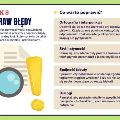Krok 8: Popraw błędy w swoim opowiadaniu twórczym. Lupa i wykrzyknik symbolizują przegląd tekstu, by był czytelny i profesjonalny.