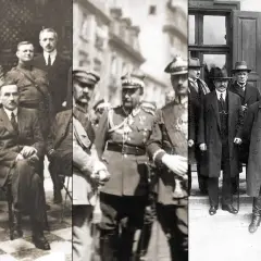 Grupa mężczyzn w garniturach i mundurach, być może z czasów **1 wojny światowej**, pozuje do zdjęcia.