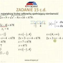 Rozwiązanie nierówności z wartością bezwzględną. Pokazano rozbicie na przedziały i obliczenia.