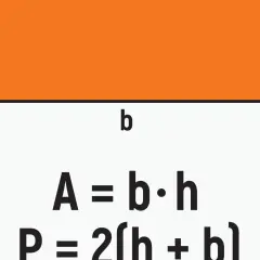 Pomarańczowy prostokąt z oznaczeniami boków 'b' i 'h'. Poniżej wzór na pole prostokąta: A = b * h.