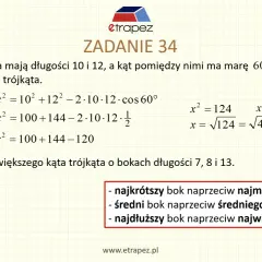 Zadanie 34: Obliczanie boku trójkąta z twierdzenia cosinusów. Przykład a) pokazuje obliczenie boku x.