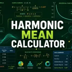 Kalkulator średniej harmonicznej pokazuje jej wzór i zastosowanie. Wartość 4.267 to średnia harmoniczna.
