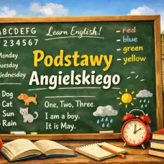 Tablica z napisem "Podstawy Angielskiego" i podstawowymi zwrotami. Idealna, by dowiedzieć się, od czego zacząć naukę języka angielskiego.