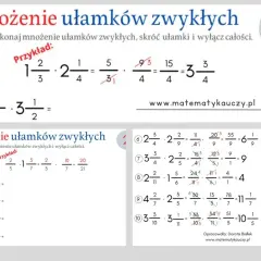 Przykłady i zadania z mnożenia ułamków zwykłych. Obliczanie, skracanie i wyłączanie całości.