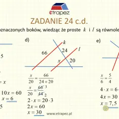 Zadanie 24 c.d. - twierdzenie Talesa. Rysunki geometryczne z równoległymi prostymi k i l oraz ich przecięciami.