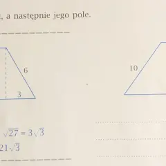 Obliczenia pokazują wzór na wysokość trapezu, gdzie h = 3√3. Obok przykład z innymi wymiarami.