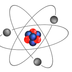 Schemat budowy atomu: jądro z czerwonych i niebieskich cząstek otoczone orbitującymi szarymi elektronami.