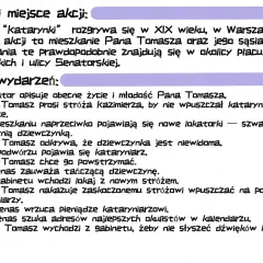 Katarynka streszczenie: XIX-wieczna Warszawa, mieszkanie Pana Tomasza. Plan wydarzeń obejmuje przybycie nowych lokatorek i niewidomej dziewczynki, a także pojawienie się kataryniarzy.