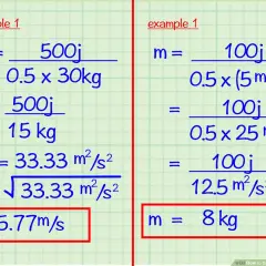 Przykłady obliczeń wzoru na energię kinetyczną: wyznaczanie prędkości (v=5.77m/s) i masy (m=8kg).