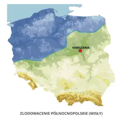 Mapa Polski z zaznaczonym zasięgiem zlodowacenia północnopolskiego (Wisły). Warszawa oznaczona czerwonym punktem.