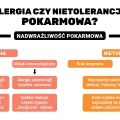 Schemat porównujący alergię i nietolerancję pokarmową, wyjaśniający mechanizmy i objawy reakcji na pokarmy, w tym potencjalne alergeny.