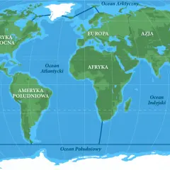 Mapa świata z zaznaczonymi kontynentami i oceanami. Pokazuje, czym się różni morze od oceanu, ukazując ich rozległość i położenie.