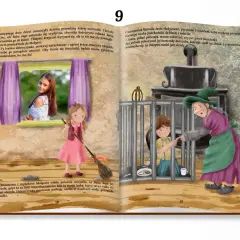 Ilustracja z baśni: Baba Jaga wtrąca Jasia do klatki, a Małgosia sprząta.