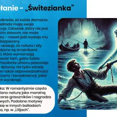 Mężczyzna w wodzie, wciągany przez świetlistą postać, nawiązanie do ballady "Świtezianka". W tle łódź.