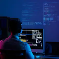Młody człowiek w słuchawkach pochłonięty kodowaniem na ekranie. To idealne miejsce do nauki cyberbezpieczeństwo studia.
