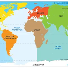 Kolorowa mapa świata z zaznaczonymi kontynentami: Ameryka Północna, Ameryka Południowa, Europa, Afryka, Azja, Australia i Antarktyda.