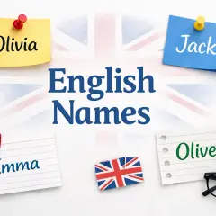 Olivia, Jack, Emma, Oliver – popularne angielskie imiona na karteczkach.