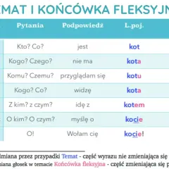 Tabela pokazuje przypadki rzeczownika "kot" w liczbie pojedynczej i mnogiej, ilustrując odmianę tematu i końcówki fleksyjnej.
