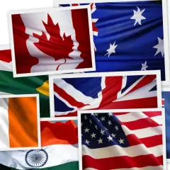 Flagi Kanady, Australii, USA, Wielkiej Brytanii, Irlandii, Nowej Zelandii i Indii. Kolekcja zdjęć prezentująca kraje anglojęzyczne.