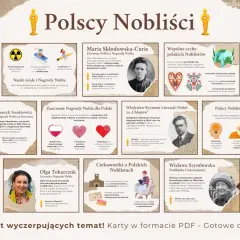Polscy nobliści: Maria Skłodowska-Curie, Henryk Sienkiewicz, Olga Tokarczuk, Władysław Reymont, Wisława Szymborska.