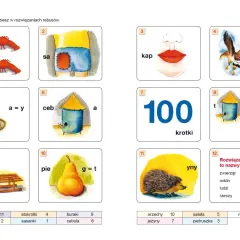 Rebusy z obrazkami: raki (bu), spodenki (sa), usta (kap), orzeł (ł=chy), sznur (ma=y), ul (ceba), sto (krotki), pszczoła i pan (tiy), sanki (sa), gruszka (piet), jeż (yny). Co to jest rzeczownik?