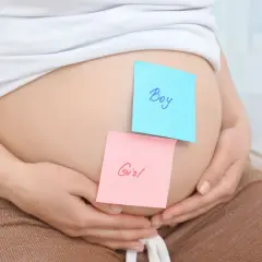 Brzuszek ciężarnej z karteczkami "Boy" i "Girl". Czekamy na decyzję, kto do nas dołączy.