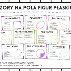 Wzory na pola figur płaskich: kwadratu, elipsy, trójkąta, koła, równoległoboku, trapezu, rombu, wycinka koła, sześciokąta, deltoidu.