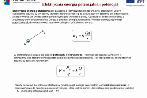 Ilustracja pokazuje wzór na elektryczną energię potencjalną dwóch ładunków, gdzie Ep to energia potencjalna, k to stała, a Q i q to ładunki.
