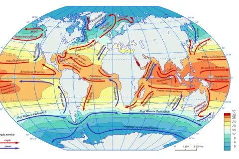 Mapa przedstawia prądy morskie na **oceanach świata**. Ciepłe prądy (czerwone) i zimne (niebieskie) tworzą złożone wzory cyrkulacji.