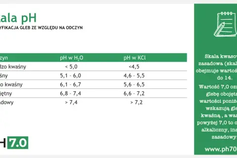 Tabela klasyfikuje gleby według odczynu pH: bardzo kwaśny, kwaśny, lekko kwaśny, obojętny i zasadowy, podając wartości pH w H₂O i KCl.