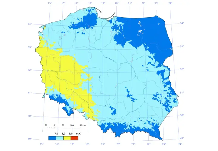Mapa przedstawia strefy klimatyczne Polski. Żółte obszary oznaczają średnią roczną temperaturę 9°C, jasnoniebieskie 8°C, a ciemnoniebieskie 7°C.