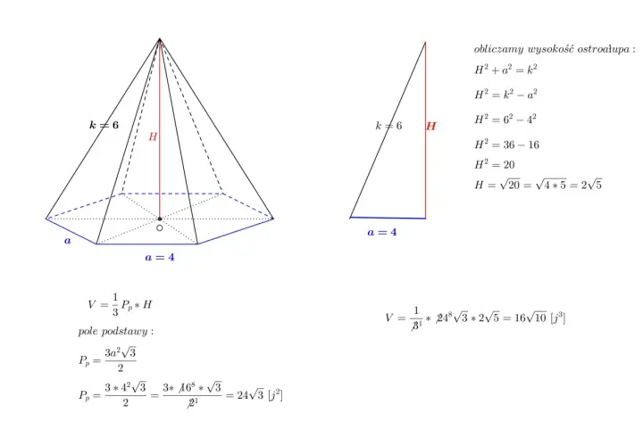 Wzór na objętość ostrosłupa sześciokątnego. Obliczanie wysokości ostrosłupa (H=2√5) i pola podstawy (Pp=24√3).