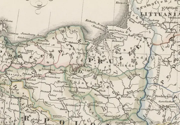 Mapa Europy Środkowej z zaznaczonymi miastami i rzekami. Widoczna zasada senioratu w nazwach miejscowości.