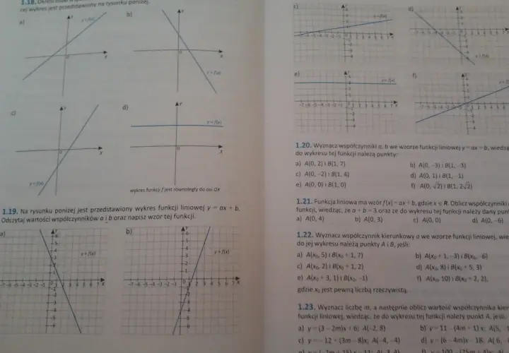 Wykresy funkcji liniowej a, b, c, d, e, f pokazują różne nachylenia i punkty przecięcia z osiami.