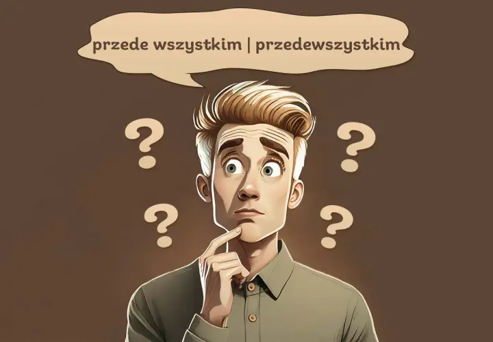 Zastanawiający się mężczyzna otoczony znakami zapytania. Czy powinniśmy działać przedewszystkim razem czy osobno?