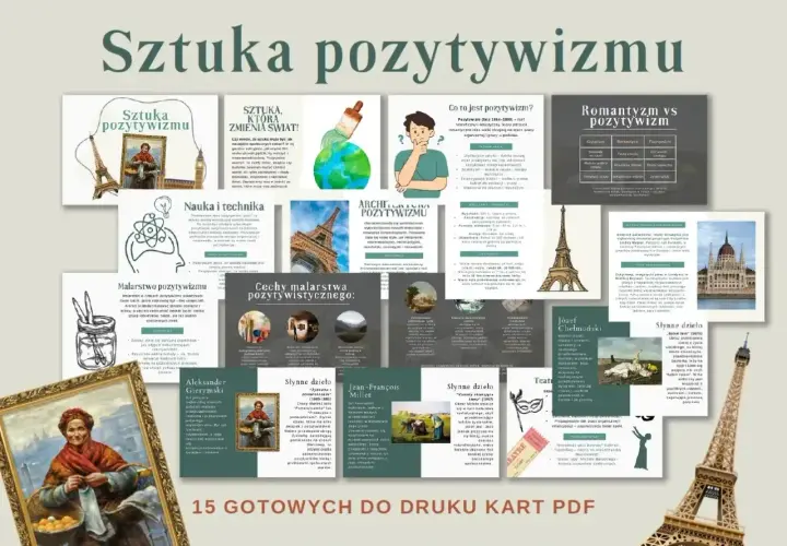 Karty PDF o sztuce pozytywizmu. Definicja pracy organicznej, cechy malarstwa, architektura i nauka.