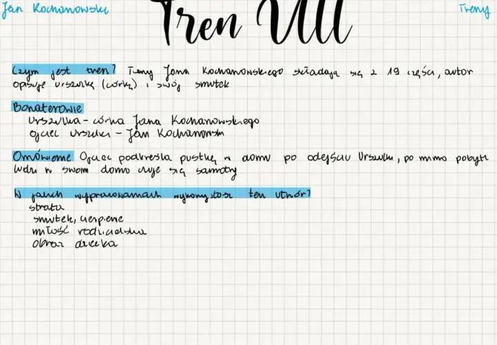 Tren VIII Jana Kochanowskiego: interpretacja. Utwór opisuje smutek ojca po stracie córki Urszulki.