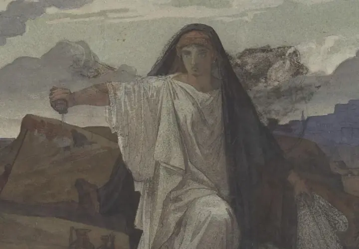 Antygona, symbol praw boskich w konflikcie z prawami ludzkimi, w dramatycznej scenie.