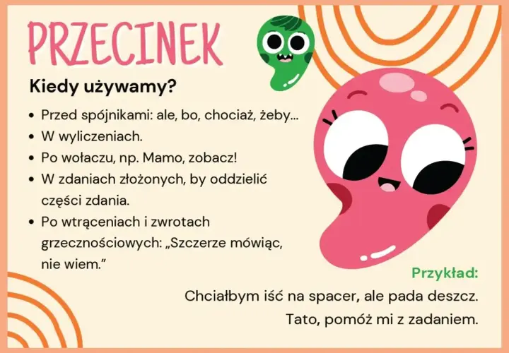 Ilustracja wyjaśnia użycie przecinka, np. przed "ale", aby oddzielić części zdania.